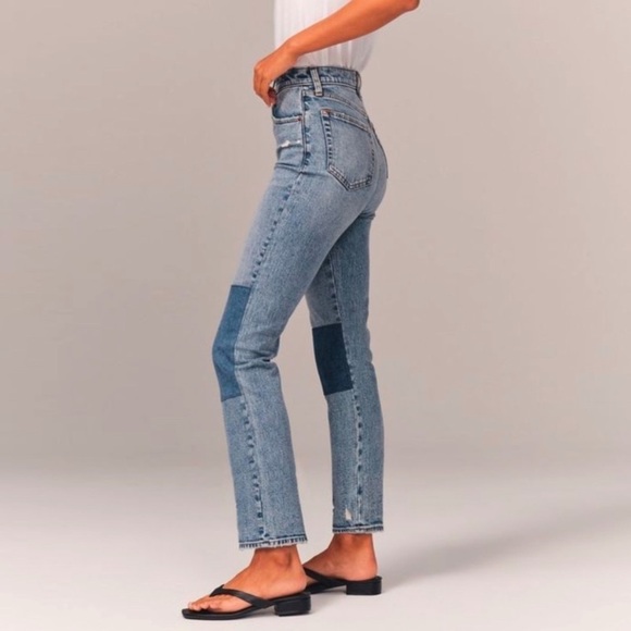 Mid Wash Abercrombie Patchwork Ultra High Rise The Ankle Straight Jean 26S - Picture 4 of 14